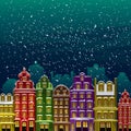 Little town under the snow. Old houses at night in Christmas eve. Vector illustrated greeting card, post card, invitation