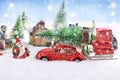 Little toy red car carrying christmas tree on the top Royalty Free Stock Photo