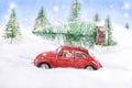 Little toy red car carrying christmas tree on the top Royalty Free Stock Photo