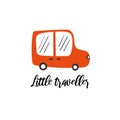 Little traveller nursery, baby shower card, postcard, poster with red car. Cute illustration for new born child, print