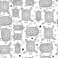 Little turtle contour seamless pattern on white background . Vector animal illustration