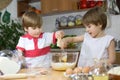 Little Twin Brothers Making a Cream For Homemade Cake in Glass Bowl