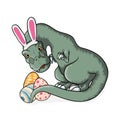 Little tyrannosaurus rex with bunny ears and easter eggs. Cute t-rex in cartoons style sitting with eggs in cartoons style. vector