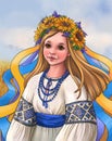 little Ukrainian girl in traditional dress and with a wreath of sunflowers