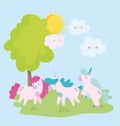 Little unicorns clouds sun tree fantasy magic animal cartoon