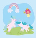 Little unicorns flying little fairy with magic wand fantasy tale animal cartoon
