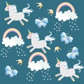 Little unicorns frolic in the sky. Butterflies, crown, hearts, clouds and rainbow on dark emerald green background