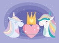 Little unicorns rainbow mane with crown and heart love lovely cartoon