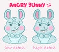 Little vector cute evil bunny is sitting with a terrible smile in two detail mode. Concepts for children`s party, event, Hallowee