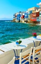 Little Venice in Mykonos and cafe tables Royalty Free Stock Photo