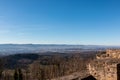 Little village and little castle in the middle of the german countryside with hills, forests, fields and meadows Royalty Free Stock Photo