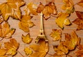 Little vintage Eiffel tower with maple leaves Royalty Free Stock Photo