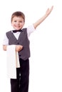 Little waiter with towel and pointing hand Royalty Free Stock Photo