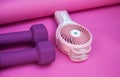 Little Purple Weights and a Portable Fan Royalty Free Stock Photo