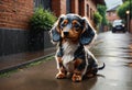 Little wet dog under rain. Generative AI Royalty Free Stock Photo