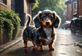 Little wet dog under rain. Generative AI