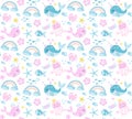 Little whale unicorn, seamless pattern, modern cartoon style. Vector illustration.