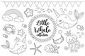Little whale unicorn set Coloring book page for kids. Collection of design element sketch outline style. Kids baby clip