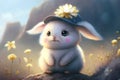 little white cartoon Easter bunny in a hat in the garden among white flowers, amine style, Generative AI