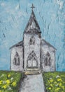 Little White Country Church oil painting. Royalty Free Stock Photo