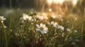 Little white daisies in a field in the morning, generative AI. Royalty Free Stock Photo