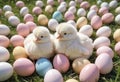Little white Easter chicks nestled among colorful painted Easter eggs Royalty Free Stock Photo