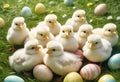 Little white Easter chicks nestled among colorful painted Easter eggs Royalty Free Stock Photo