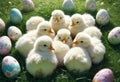 Little white Easter chicks nestled among colorful painted Easter eggs Royalty Free Stock Photo