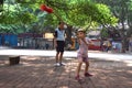 GUANGZHOU, CHINA - CIRCA MAY 2020: A little white girl practises kung-fu with a Chinese martial arts teacher