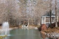 Little white house and waterfall