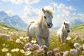 Little white pony horses playing running in a meadow summer field Royalty Free Stock Photo