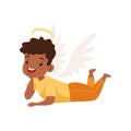 Little Winged African American Boy With Halo on His Head Lying on Floor Vector Illustration