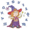 Little witch astrologer and Zodiac signs Royalty Free Stock Photo