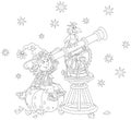 Little witch astronomer with an old telescope Royalty Free Stock Photo
