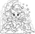 Little witch cat, coloring book for children, outline illustration