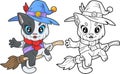 Little witch cat, coloring book for children, outline illustration