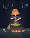 Little witch cooks candy on an open fire in the witches pot. Funny Rastered cartoon character illustration with cute frog. Royalty Free Stock Photo