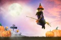 Halloween witch flying broom. Huge moon and bat Royalty Free Stock Photo