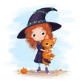 Little witch holding a cat