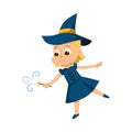 Little Witch Holding Magic Wand, Cute Girl Wearing Blue Dress and Hat Practicing Witchcraft Cartoon Style Vector Royalty Free Stock Photo