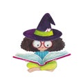 Little girl reading big book with glasses and witch hat Royalty Free Stock Photo