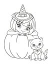 Little witch with kitten for Halloween coloring page, outline cartoon vector illustration Royalty Free Stock Photo
