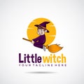 Little Witch logo template with a flying broom. Vector Illustrator eps.10