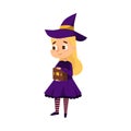 Little Witch with Magic Wooden Box, Cute Girl Wearing Purple Dress and Hat Practicing Witchcraft Cartoon Style Vector