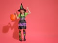 Little witch with a pumpkin on pink background