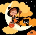 Little witch riding on the moon on Halloween night Royalty Free Stock Photo