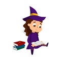 Little Witch Sitting oh Floor and Reading Book, Cute Girl Wearing Purple Dress and Hat Practicing Witchcraft Cartoon Royalty Free Stock Photo