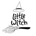 Little witch - vector lettering. Happy Halloween. Illustration with black letter silhouettes, broom, hat for party invitation, Royalty Free Stock Photo