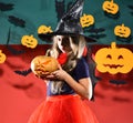 Little witch wearing black hat. Halloween party concept Royalty Free Stock Photo