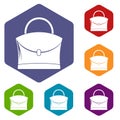 Little woman bag icons set hexagon